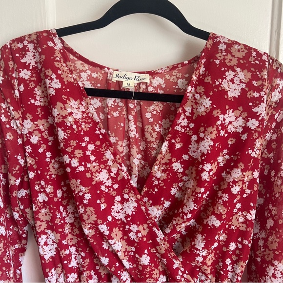 Indigo Rose Long Sleeve Pleated Maxi Dress Red Floral Print - Picture 2 of 8